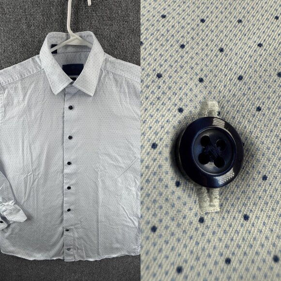 David Donahue 16.5 34/35 Trim Cotton Geometric Blue Shirt Long Sleeve Button Up - Picture 1 of 13